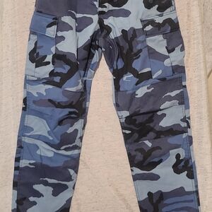 Small/Regular Blue Camo Adjustable BDU Style Cargo Pants 27"-31"W X 29.5"-32.5"I
